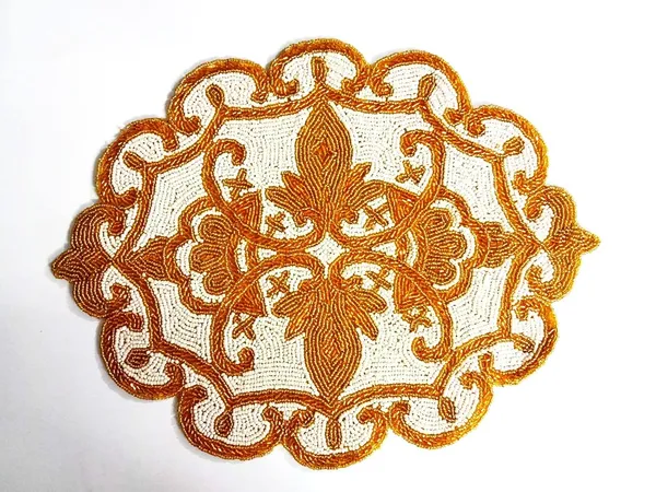 Firozi_Poleyster_Placemats,_Beaded_Design,14_Inch_White_Golden_Emb._Royal_Pattern,_Best_For_Bed-Side_Table/Center_Table,_Dining_Table/Shelves