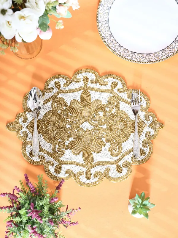 Firozi_Poleyster_Placemats,_Beaded_Design,14_Inch_White_Golden_Emb._Royal_Pattern,_Best_For_Bed-Side_Table/Center_Table,_Dining_Table/Shelves