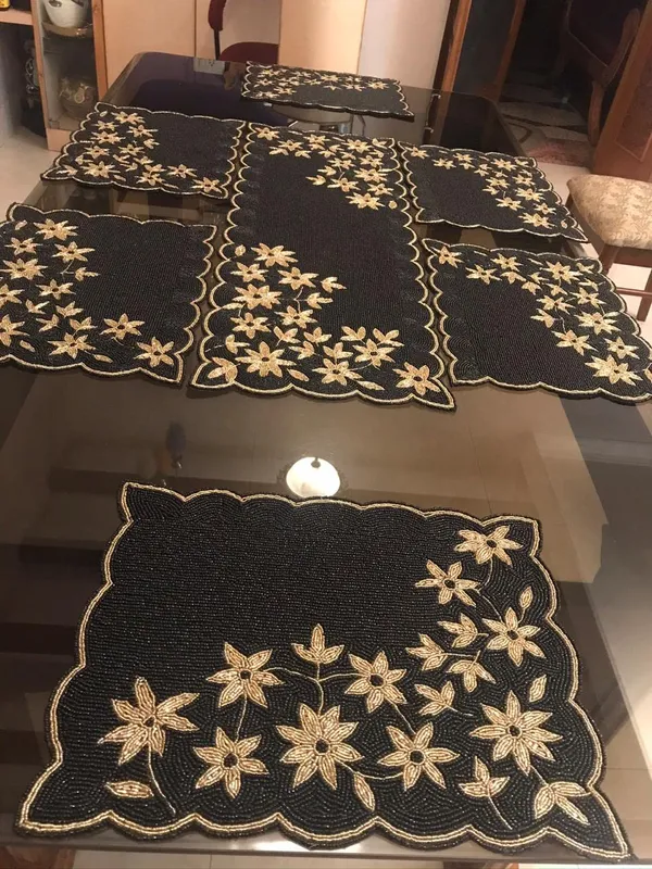 Multicolor_Best_Export_Quality_Jacquard_Cotton_Dining_Table_Mats_5_Pieces_With_Runner_-(Set_Of_5_,One_Runner_Nd_4_Placemats)_(Mats-_14"_X_12"_And_Table_Runner-_36"_X_13",)_-Black_Embrodery