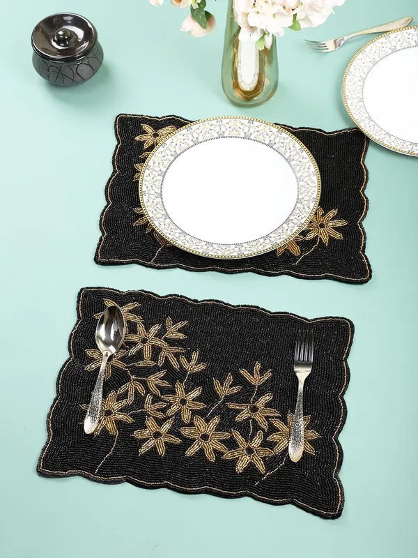 Firozi_Poleyster_Placemats,_Beaded_Design,14_Inch_Gulmohar_Floral_Pattern,_Best_For_Bed-Side_Table/Center_Table,_Dining_Table/Shelves_Pack_Of_2