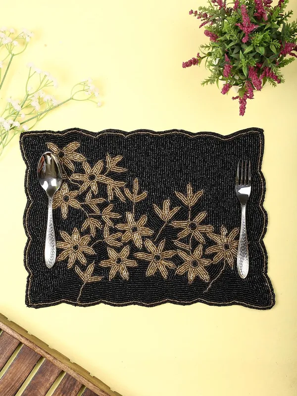 Firozi_Poleyster_Placemats,_Beaded_Design,14_Inch_Gulmohar_Floral_Pattern,_Best_For_Bed-Side_Table/Center_Table,_Dining_Table/Shelves_Pack_Of_2