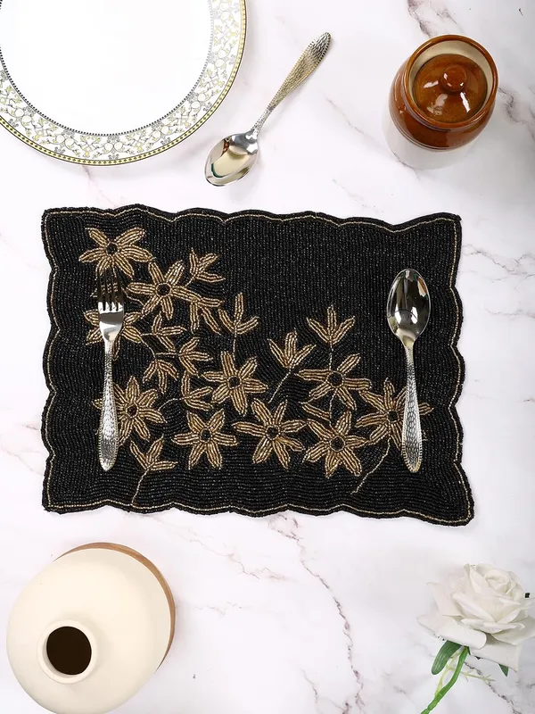 Firozi_Poleyster_Placemats,_Beaded_Design,14_Inch_Gulmohar_Floral_Pattern,_Best_For_Bed-Side_Table/Center_Table,_Dining_Table/Shelves_Pack_Of_2