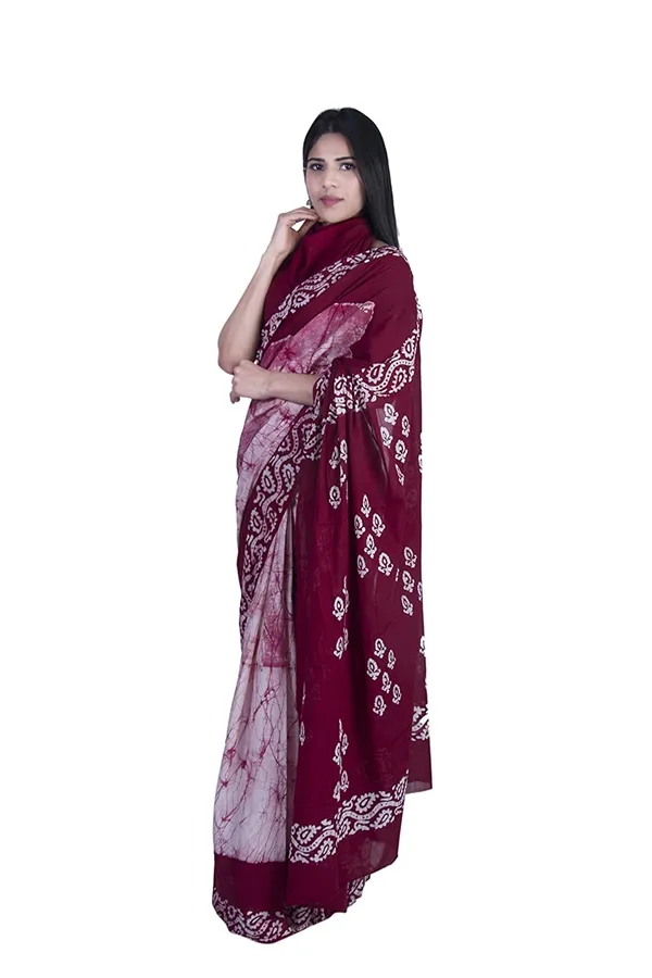 Maroon_Hand_Block_Printed_Jaipuri_Handloom_Cotton_Mulmul_Saree_With_Unstitched_Blouse_Piece_For_Women