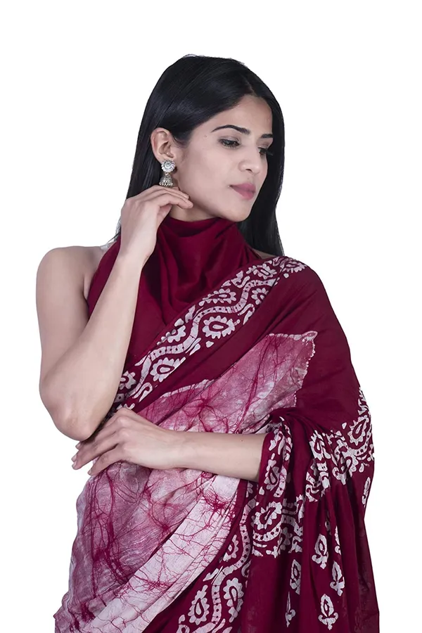 Maroon_Hand_Block_Printed_Jaipuri_Handloom_Cotton_Mulmul_Saree_With_Unstitched_Blouse_Piece_For_Women