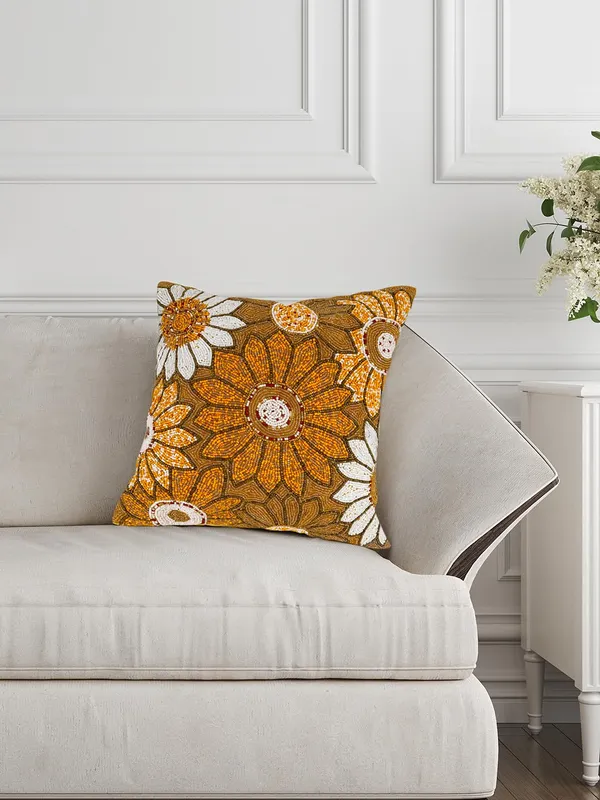Multicolor_Beaded_Cushion_Covers_Case_Pillowcases_16X16_Inches_Summer_Leaf_Pattern(40X40_Cms)_Throw_Pillow_Sham_Floral_Cushion_Covers_For_Sofa_Couch_Bed_Chair_Pack_Of_1