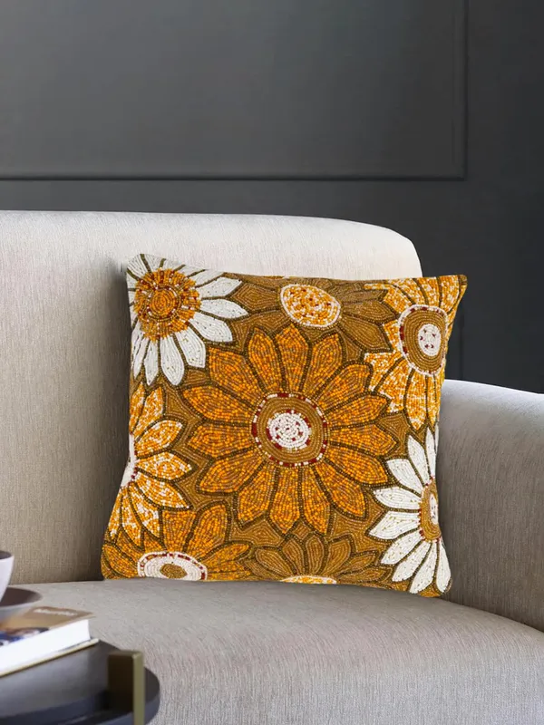 Multicolor_Beaded_Cushion_Covers_Case_Pillowcases_16X16_Inches_Summer_Leaf_Pattern(40X40_Cms)_Throw_Pillow_Sham_Floral_Cushion_Covers_For_Sofa_Couch_Bed_Chair_Pack_Of_1