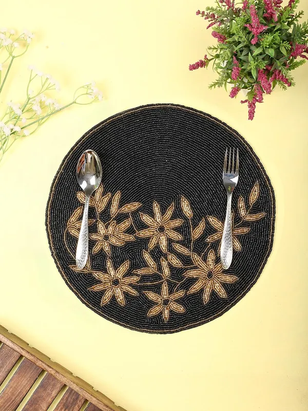 Firozi_Poleyster_Placemats,_Beaded_Design,14_Inch_Black_Emb.Best_For_Bed-Side_Table/Center_Table,_Dining_Table/Shelves