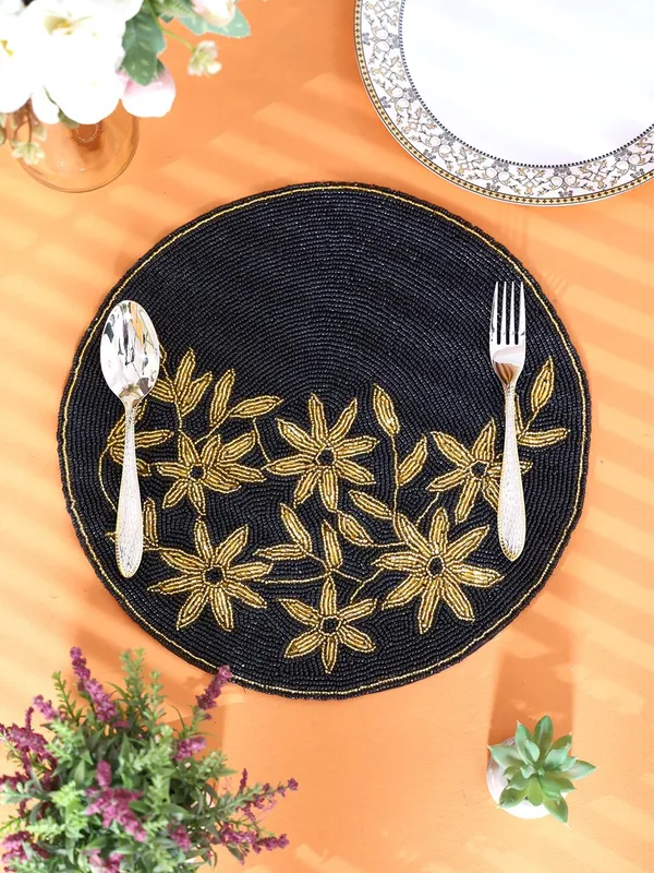 Firozi_Poleyster_Placemats,_Beaded_Design,14_Inch_Black_Emb.Best_For_Bed-Side_Table/Center_Table,_Dining_Table/Shelves