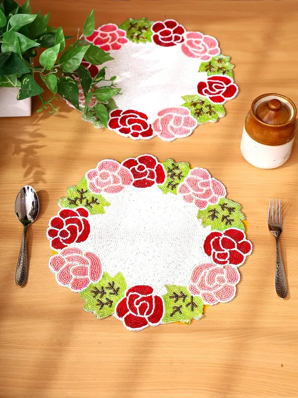 Firozi_Poleyster_Placemats,_Beaded_Design,14_Inch_Gulmohar_Floral_Pattern,_Best_For_Bed-Side_Table/Center_Table,_Dining_Table/Shelves_Pack_Of_2