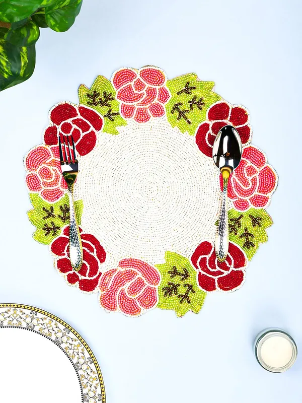 Firozi_Poleyster_Placemats,_Beaded_Design,14_Inch_Gulmohar_Floral_Pattern,_Best_For_Bed-Side_Table/Center_Table,_Dining_Table/Shelves_Pack_Of_2