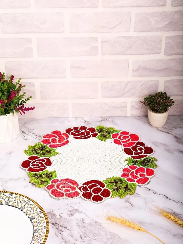 Firozi_Poleyster_Placemats,_Beaded_Design,14_Inch_Gulmohar_Floral_Pattern,_Best_For_Bed-Side_Table/Center_Table,_Dining_Table/Shelves_Pack_Of_2