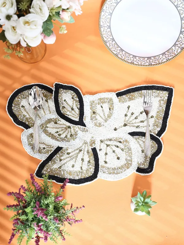 Cream_Poleyster_Placemats,_Beaded_Design,14_Inch_Black_Border_Butterfly_Pattern,_Best_For_Bed-Side_Table/Center_Table,_Dining_Table/Shelves