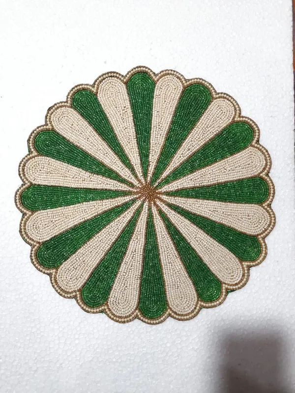 Firozi_Poleyster_Placemats,_Beaded_Design,14_Inch_White_Nd_Green_Pattern,_Best_For_Bed-Side_Table/Center_Table,_Dining_Table/Shelves