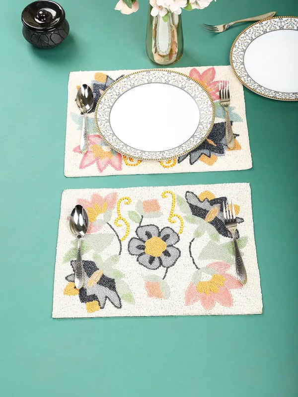 Firozi_Poleyster_Placemats,_Beaded_Design,14_Inch_Gulmohar_Floral_Pattern,_Best_For_Bed-Side_Table/Center_Table,_Dining_Table/Shelves_Pack_Of_2