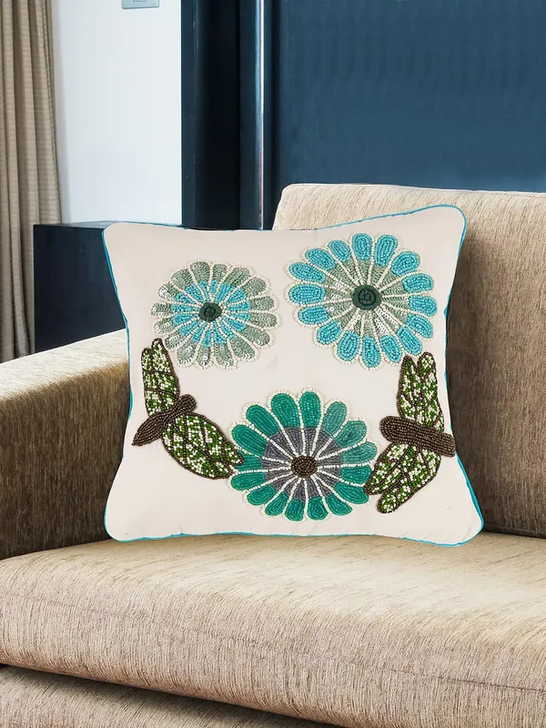 Multicolor_Beaded_Cushion_Covers_Case_Pillowcases_16X16_Inches_Summer_Leaf_Pattern(40X40_Cms)_Throw_Pillow_Sham_Floral_Cushion_Covers_For_Sofa_Couch_Bed_Chair_Pack_Of_1