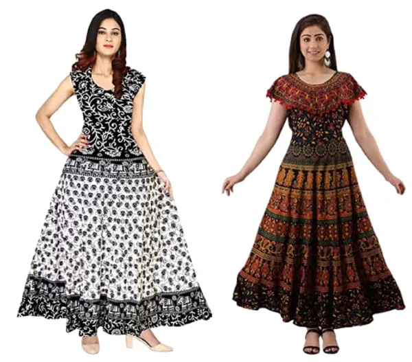 Brown_Frill&_White_Jaipuri_Printed_Cotton_Rajasthani_Traditional_Maxi_Long_Dress_For_Women