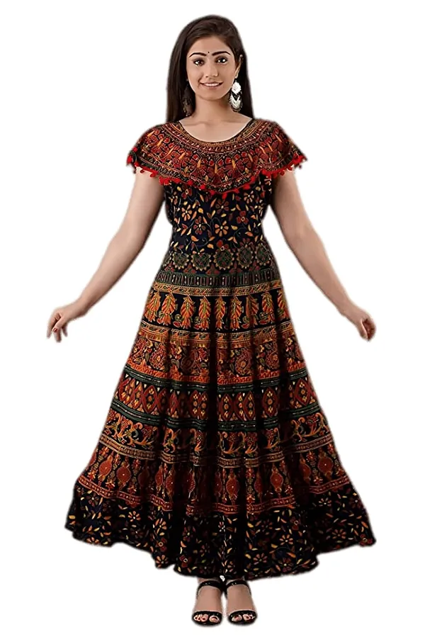 Brown_Frill&_White_Jaipuri_Printed_Cotton_Rajasthani_Traditional_Maxi_Long_Dress_For_Women
