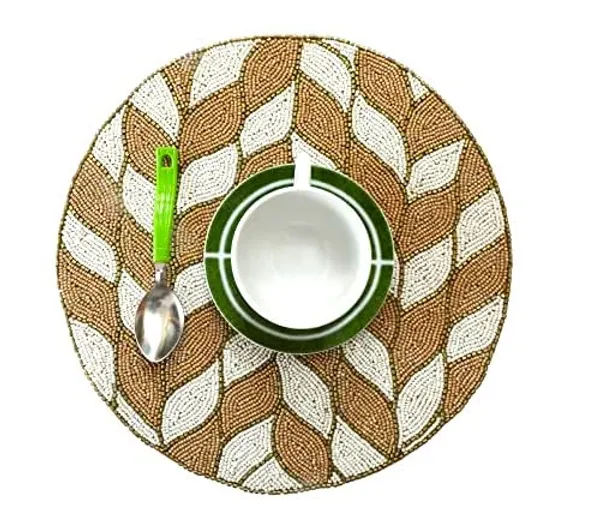 Firozi_Poleyster_Placemats,_Beaded_Design,14_Inch_Beige_Brown_Check_Pattern,_Best_For_Bed-Side_Table/Center_Table,_Dining_Table/Shelves