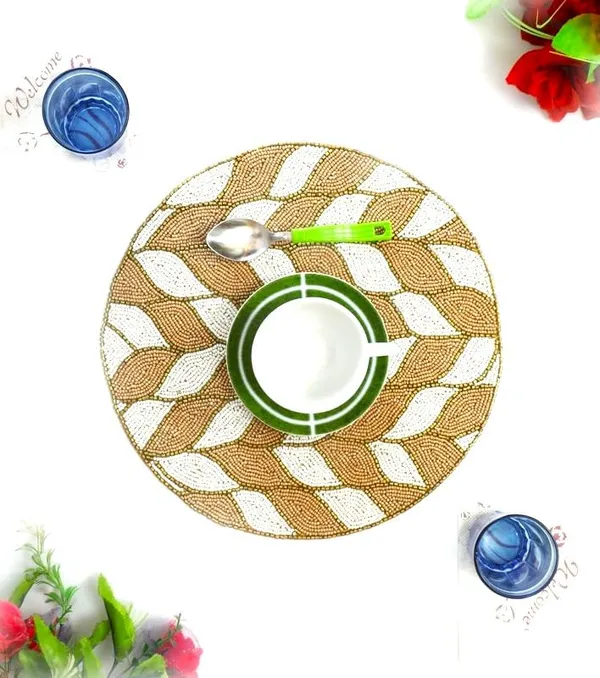 Firozi_Poleyster_Placemats,_Beaded_Design,14_Inch_Beige_Brown_Check_Pattern,_Best_For_Bed-Side_Table/Center_Table,_Dining_Table/Shelves