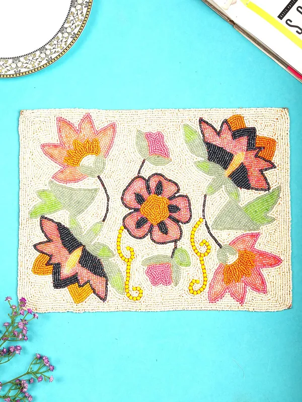 Firozi_Poleyster_Placemats,_Beaded_Design,14_Inch_Reactngle_Cream_Flower_Emb._Pattern,_Best_For_Bed-Side_Table/Center_Table,_Dining_Table/Shelves