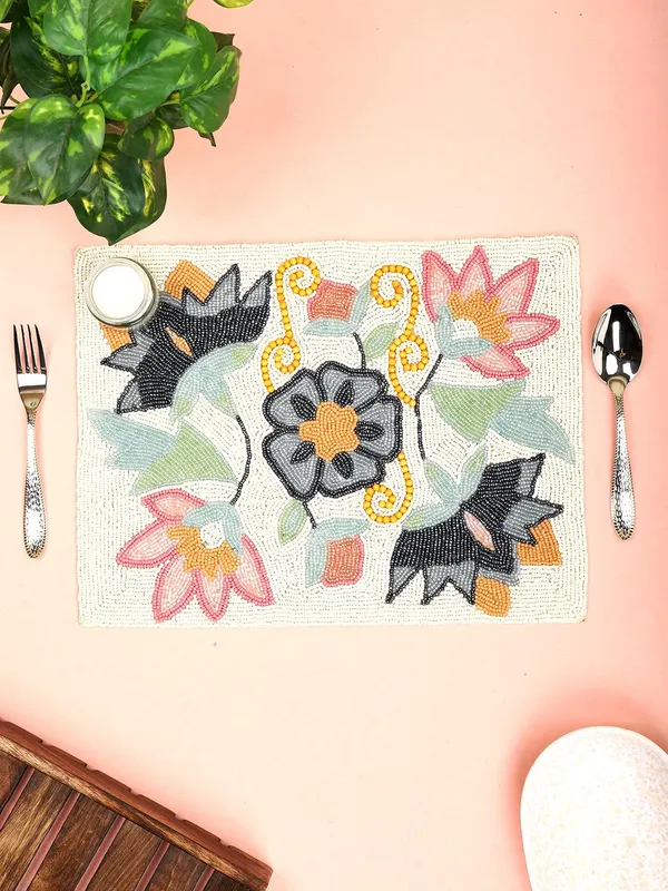 Firozi_Poleyster_Placemats,_Beaded_Design,14_Inch_Reactngle_Cream_Flower_Emb._Pattern,_Best_For_Bed-Side_Table/Center_Table,_Dining_Table/Shelves