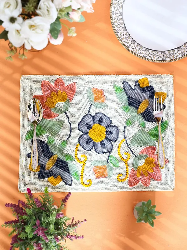 Firozi_Poleyster_Placemats,_Beaded_Design,14_Inch_Reactngle_Cream_Flower_Emb._Pattern,_Best_For_Bed-Side_Table/Center_Table,_Dining_Table/Shelves