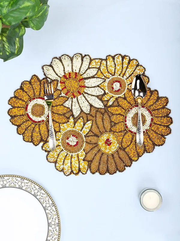 Mustard_Poleyster_Placemats,_Beaded_Design,14_Inch_Mustard_Sunflower_Flower_Pattern,_Best_For_Bed-Side_Table/Center_Table,_Dining_Table/Shelves