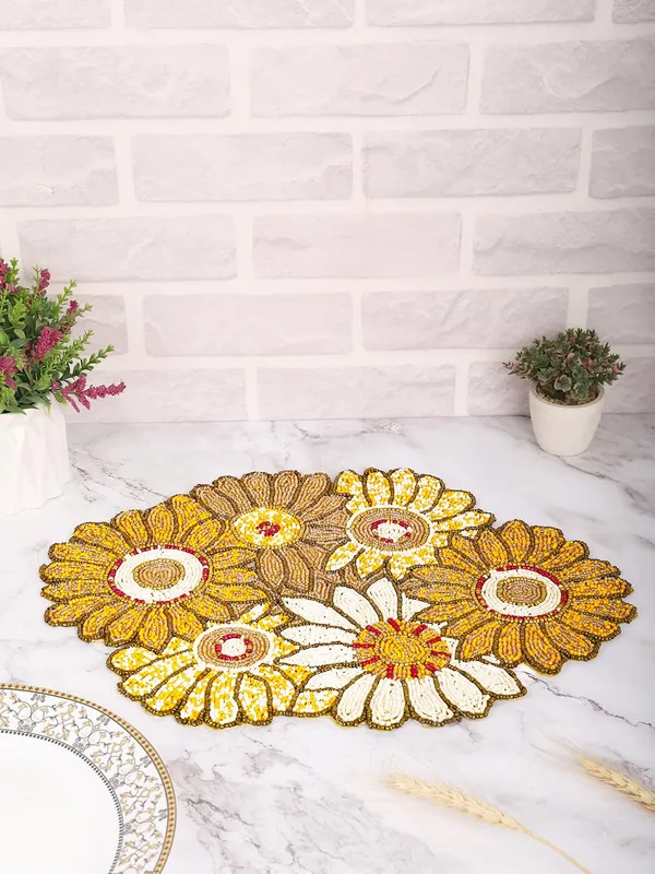 Mustard_Poleyster_Placemats,_Beaded_Design,14_Inch_Mustard_Sunflower_Flower_Pattern,_Best_For_Bed-Side_Table/Center_Table,_Dining_Table/Shelves