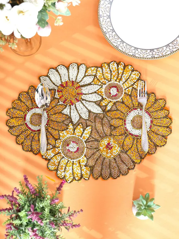 Mustard_Poleyster_Placemats,_Beaded_Design,14_Inch_Mustard_Sunflower_Flower_Pattern,_Best_For_Bed-Side_Table/Center_Table,_Dining_Table/Shelves