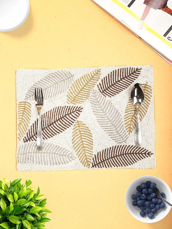Cream_Poleyster_Placemats,_Beaded_Design,14_Inch_Creame_Base_Golden_Cooper_Leaves_Pattern,_Best_For_Bed-Side_Table/Center_Table,_Dining_Table/Shelves
