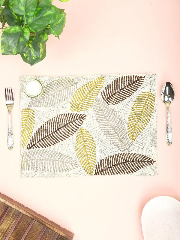 Cream_Poleyster_Placemats,_Beaded_Design,14_Inch_Creame_Base_Golden_Cooper_Leaves_Pattern,_Best_For_Bed-Side_Table/Center_Table,_Dining_Table/Shelves