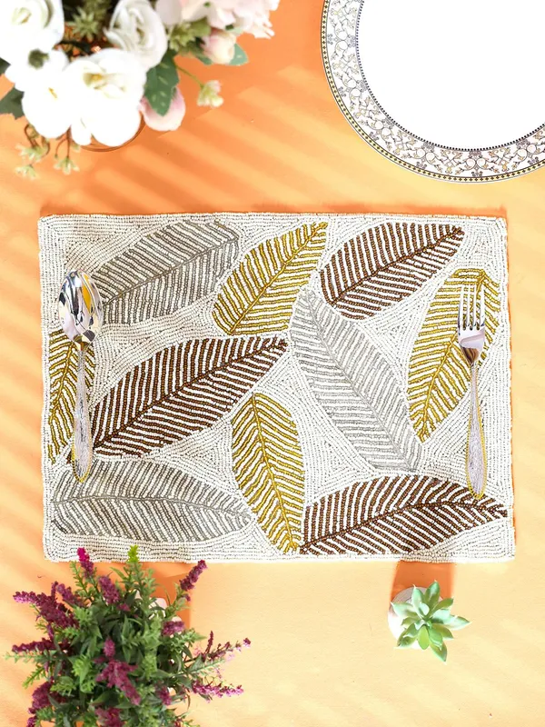 Cream_Poleyster_Placemats,_Beaded_Design,14_Inch_Creame_Base_Golden_Cooper_Leaves_Pattern,_Best_For_Bed-Side_Table/Center_Table,_Dining_Table/Shelves