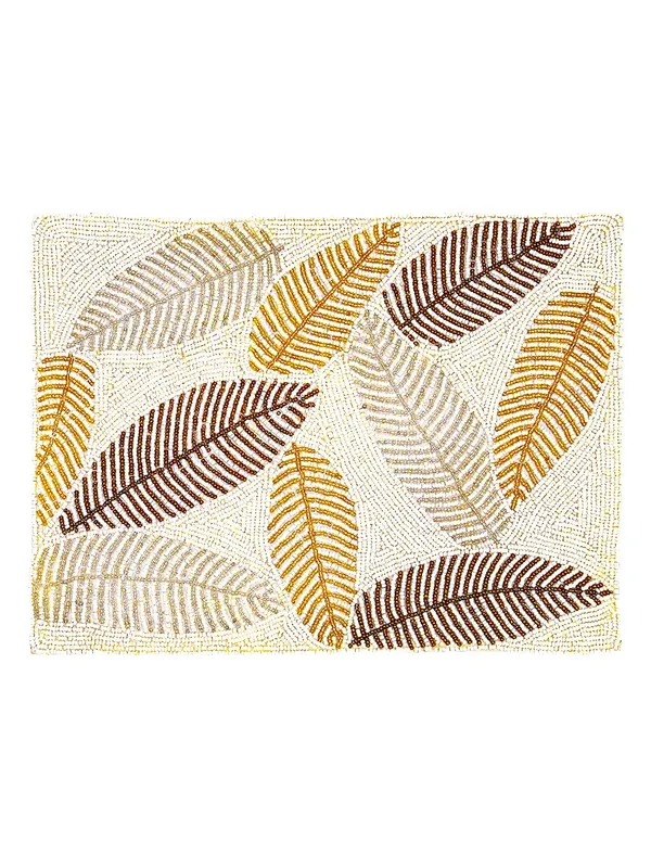Cream_Poleyster_Placemats,_Beaded_Design,14_Inch_Creame_Base_Golden_Cooper_Leaves_Pattern,_Best_For_Bed-Side_Table/Center_Table,_Dining_Table/Shelves