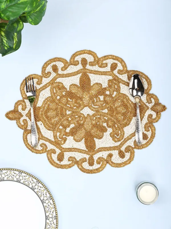 Firozi_Poleyster_Placemats,_Beaded_Design,14_Inch_Floral_Pattern,_Best_For_Bed-Side_Table/Center_Table,_Dining_Table/Shelves_Pack_Of