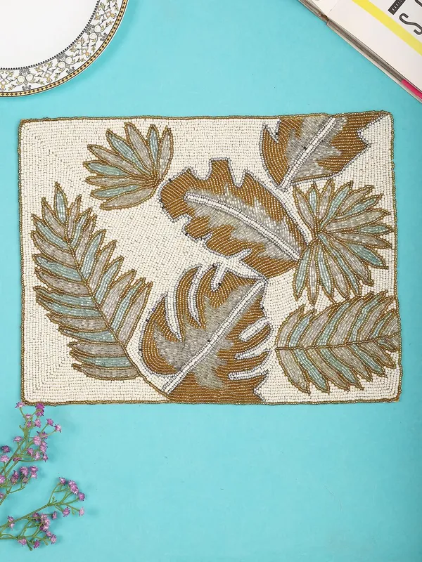 Firozi_Poleyster_Placemats,_Beaded_Design,14_Inch_Gulmohar_Floral_Pattern,_Best_For_Bed-Side_Table/Center_Table,_Dining_Table/Shelves_Pack_Of_2