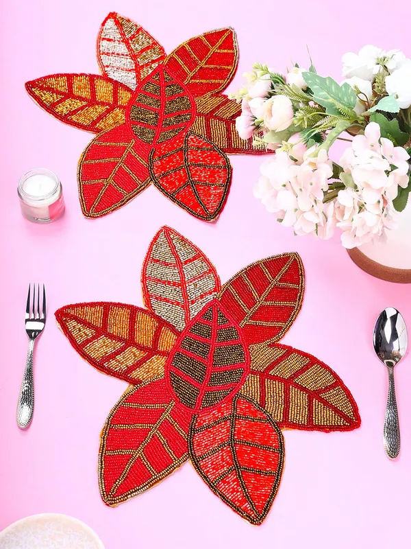 Firozi_Poleyster_Placemats,_Beaded_Design,14_Inch_Gulmohar_Floral_Pattern,_Best_For_Bed-Side_Table/Center_Table,_Dining_Table/Shelves_Pack_Of_2