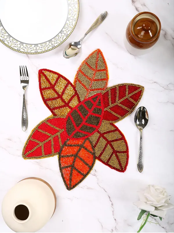 Firozi_Poleyster_Placemats,_Beaded_Design,14_Inch_Gulmohar_Floral_Pattern,_Best_For_Bed-Side_Table/Center_Table,_Dining_Table/Shelves_Pack_Of_2
