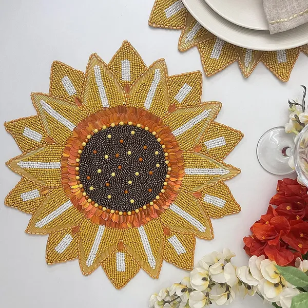 Firozi_Poleyster_Placemats,_Beaded_Design,14_Inch_Round_Mustrd_Sunflower_Best_For_Bed-Side_Table/Center_Table,_Dining_Table/Shelves
