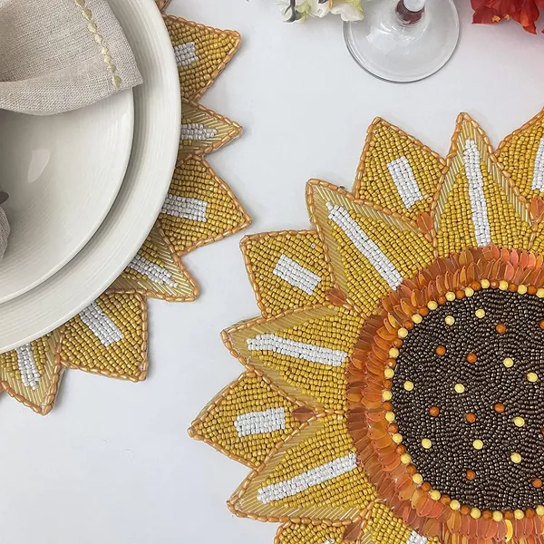 Firozi_Poleyster_Placemats,_Beaded_Design,14_Inch_Round_Mustrd_Sunflower_Best_For_Bed-Side_Table/Center_Table,_Dining_Table/Shelves