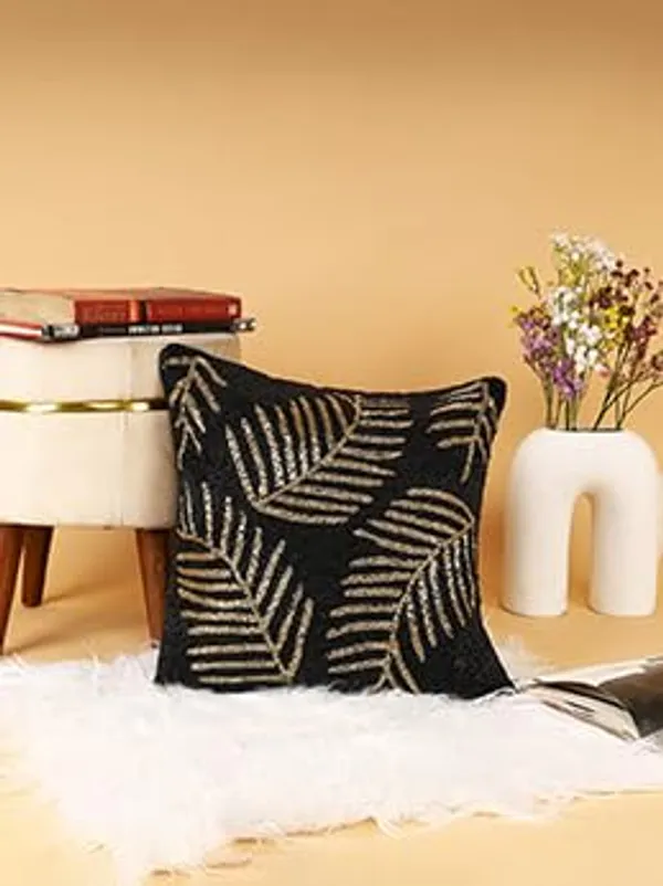 Multicolor_Printed_100%_Beaded_Cushion_Covers_Cushion_Case_Pillowcases_16X16_Inches_(40X40_Cms)_Throw_Pillow_Sham_Floral_Cushion_Covers_For_Sofa_Couch_Bed_Chair_Pack_Of_2_Black_Nd_Golden