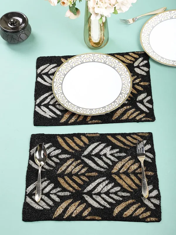 Firozi_Poleyster_Placemats,_Beaded_Design,14_Inch_Gulmohar_Floral_Pattern,_Best_For_Bed-Side_Table/Center_Table,_Dining_Table/Shelves_Pack_Of_2