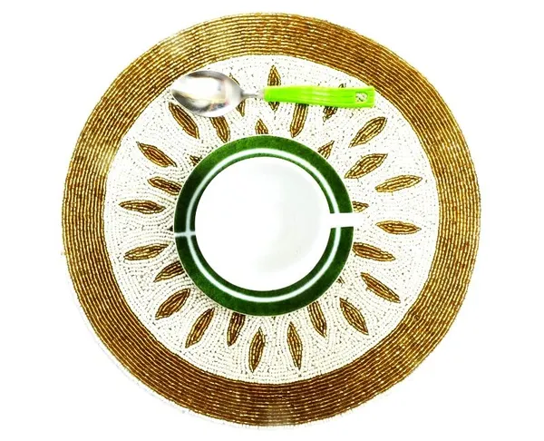Multicolor_Poleyster_Placemats,_Beaded_Design,14_Inch_Round_Golden_Dot_Emb._Pattern,_Best_For_Bed-Side_Table/Center_Table,_Dining_Table/Shelves