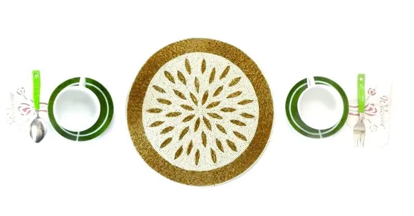 Multicolor_Poleyster_Placemats,_Beaded_Design,14_Inch_Round_Golden_Dot_Emb._Pattern,_Best_For_Bed-Side_Table/Center_Table,_Dining_Table/Shelves