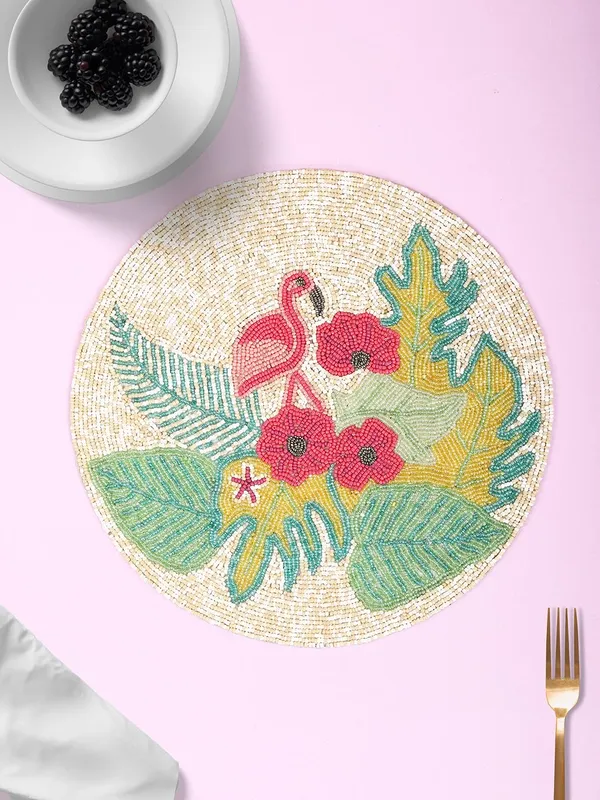 Firozi_Poleyster_Placemats,_Beaded_Design,14_Inch_Gulmohar_Floral_Pattern,_Best_For_Bed-Side_Table/Center_Table,_Dining_Table/Shelves_Pack_Of_2