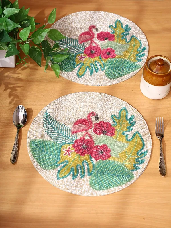 Firozi_Poleyster_Placemats,_Beaded_Design,14_Inch_Gulmohar_Floral_Pattern,_Best_For_Bed-Side_Table/Center_Table,_Dining_Table/Shelves_Pack_Of_2