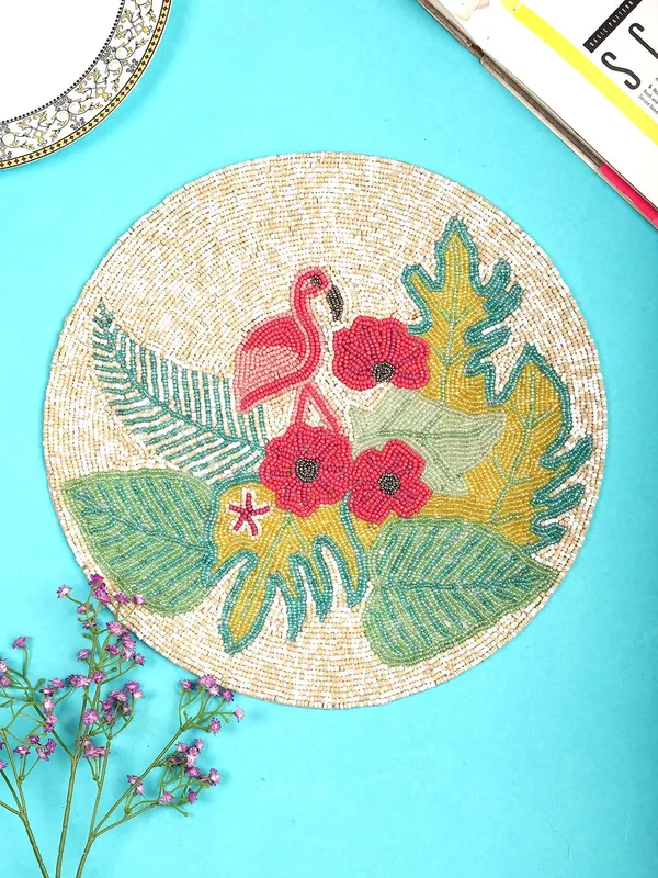Firozi_Poleyster_Placemats,_Beaded_Design,14_Inch_Gulmohar_Floral_Pattern,_Best_For_Bed-Side_Table/Center_Table,_Dining_Table/Shelves_Pack_Of_2