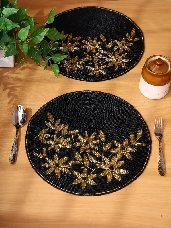 Firozi_Poleyster_Placemats,_Beaded_Design,14_Inch_Gulmohar_Floral_Pattern,_Best_For_Bed-Side_Table/Center_Table,_Dining_Table/Shelves_Pack_Of_2