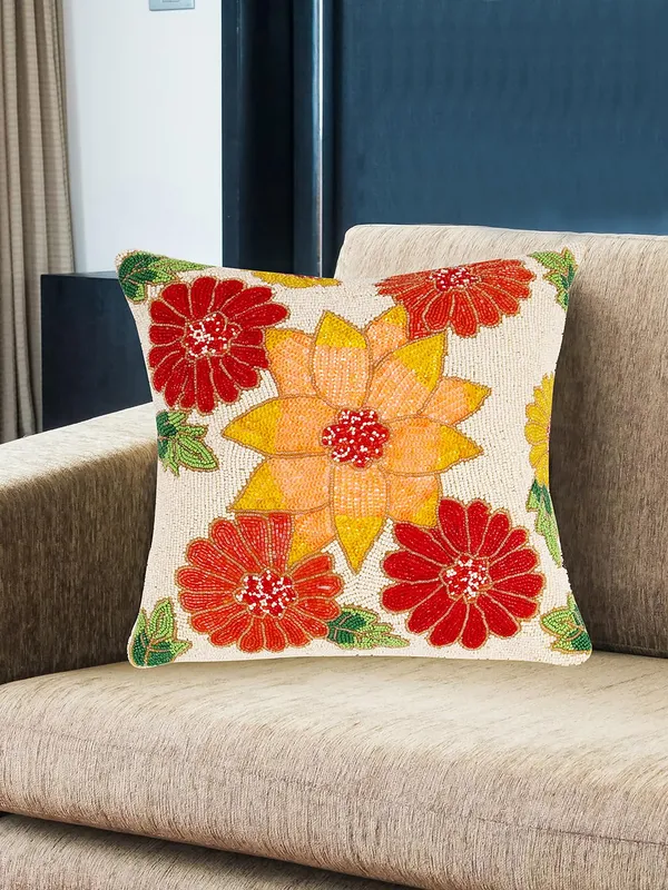 Multicolor_Beautiful_Satin_400_Tc_Printed_Cushions_&_Pillows_Case_Beaded_Red_Flower_(40.64_Cm*40.64_Cm)