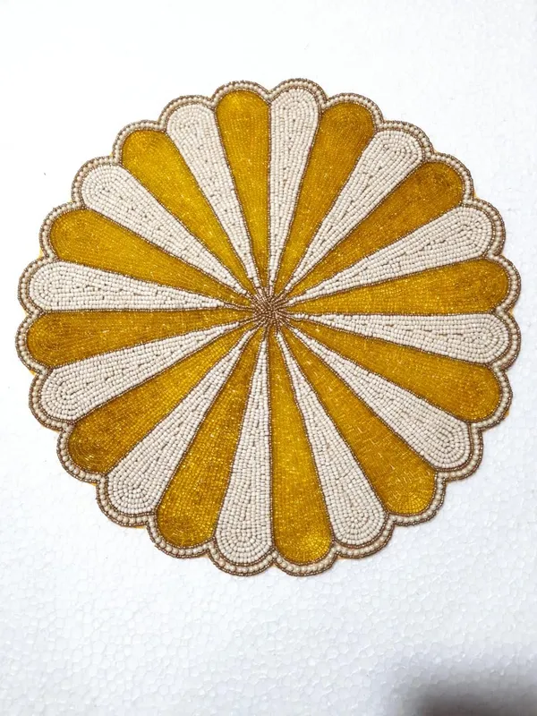 Firozi_Poleyster_Placemats,_Beaded_Design,14_Inch_White_Nd_Yellow_Pattern,_Best_For_Bed-Side_Table/Center_Table,_Dining_Table/Shelves