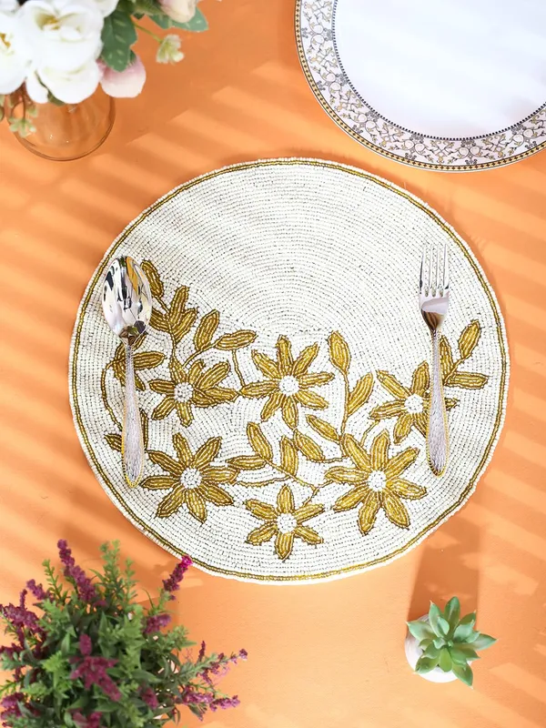 Cream_Poleyster_Placemats,_Beaded_Design,14_Inch_White_Base_Golden_Emb._Pattern,_Best_For_Bed-Side_Table/Center_Table,_Dining_Table/Shelves